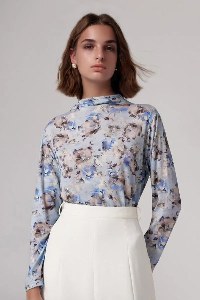 Fibflx Women's 100 Merino Wool Flower Printed Mock Neck Base Layer