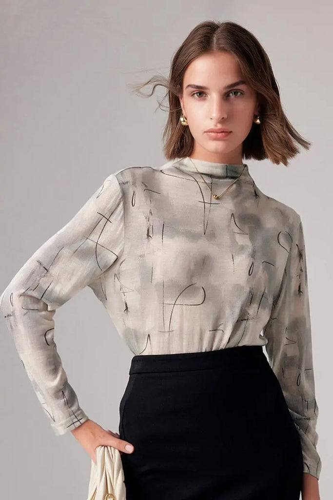 Fibflx Women's 100 Merino Wool Flower Printed Mock Neck Base Layer