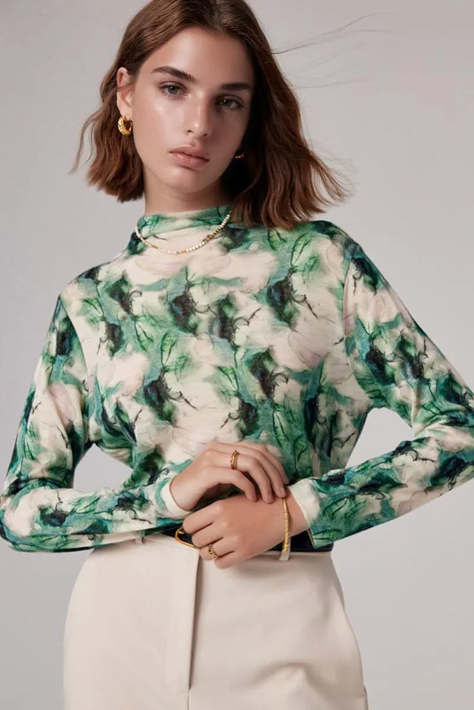 Fibflx Women's 100 Merino Wool Flower Printed Mock Neck Base Layer