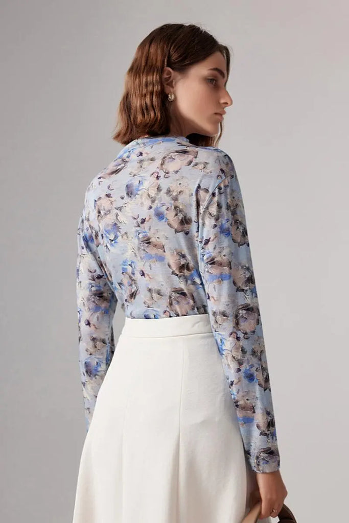 Fibflx Women's 100 Merino Wool Flower Printed Mock Neck Base Layer