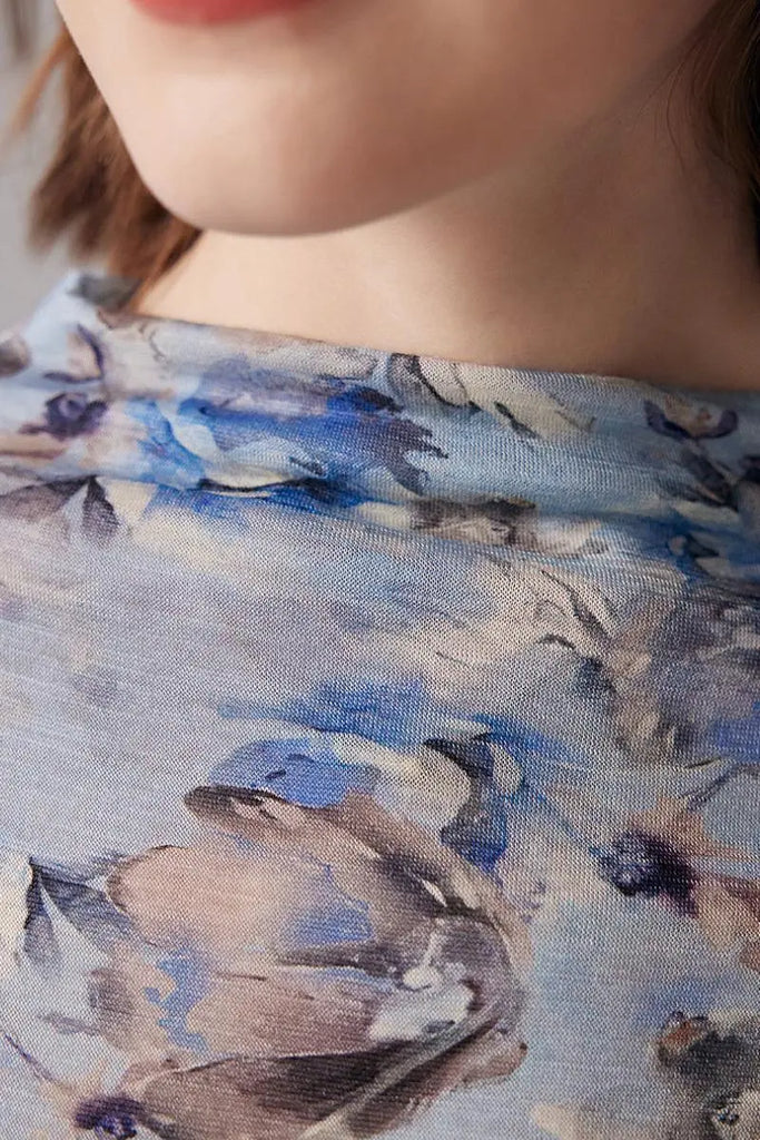 Fibflx Women's 100 Merino Wool Flower Printed Mock Neck Base Layer