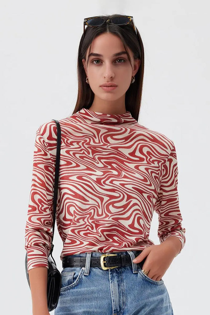 Fibflx Women's 100 Merino Wool Flower Printed Mock Neck Base Layer