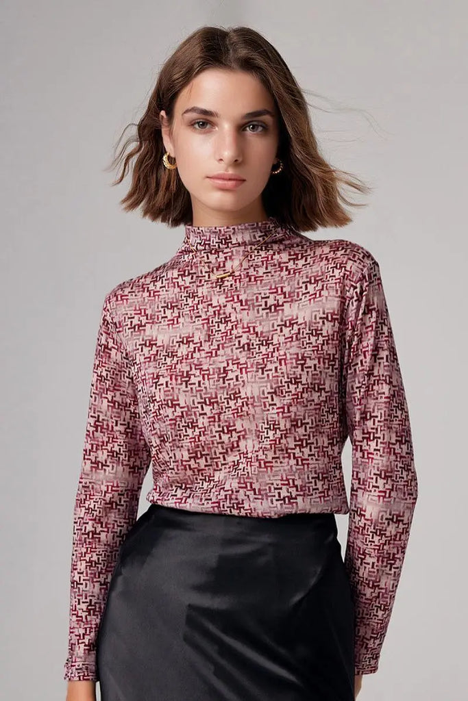 Fibflx Women's 100 Merino Wool Flower Printed Mock Neck Base Layer