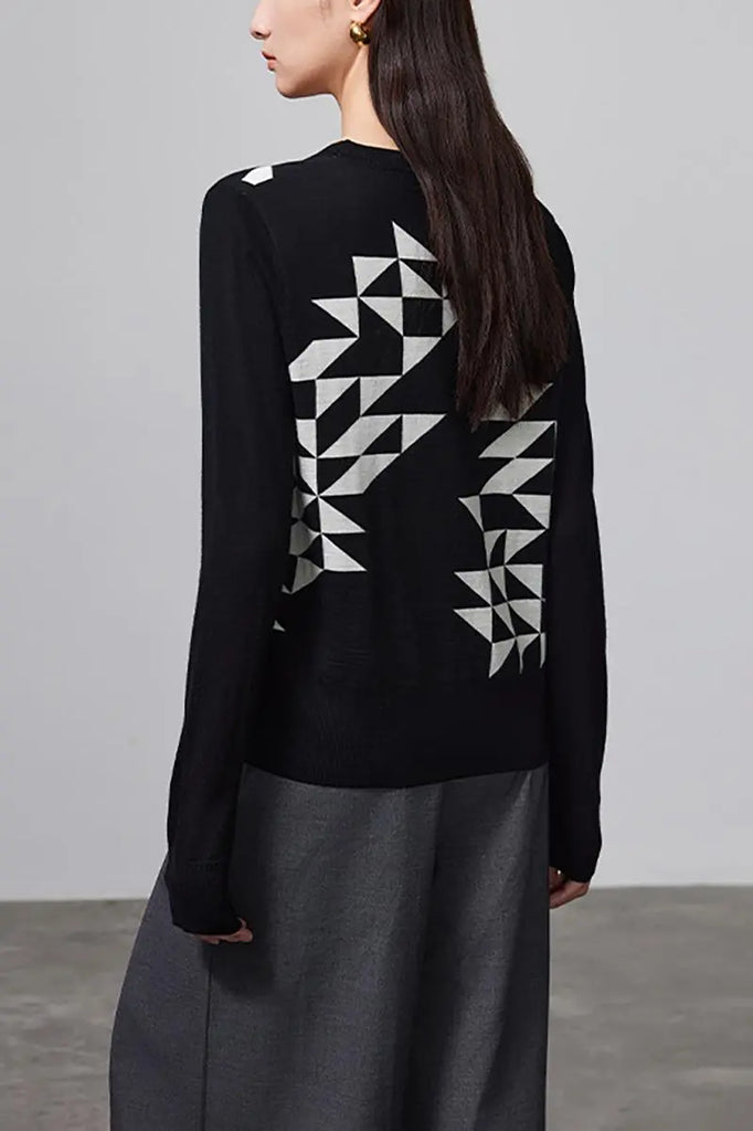 Fibflx Women's 100 Merino Wool Geometric Patterned V Neck Cardigan