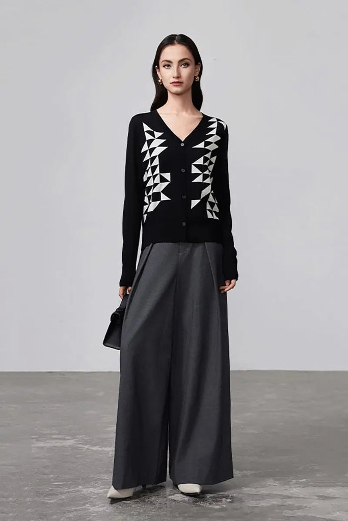Fibflx Women's 100 Merino Wool Geometric Patterned V Neck Cardigan