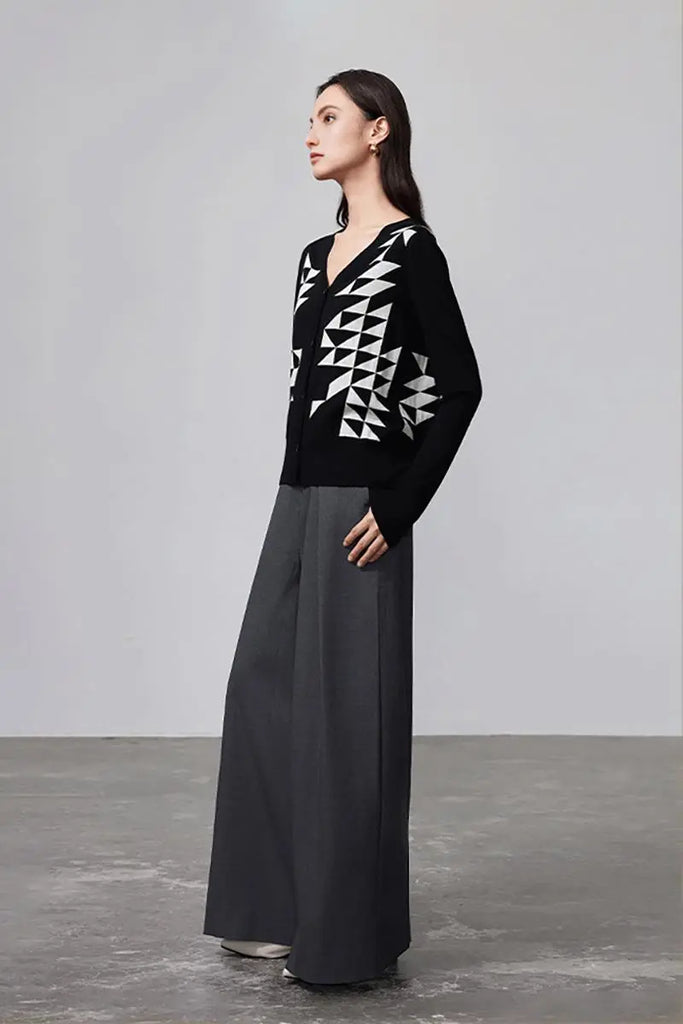 Fibflx Women's 100 Merino Wool Geometric Patterned V Neck Cardigan