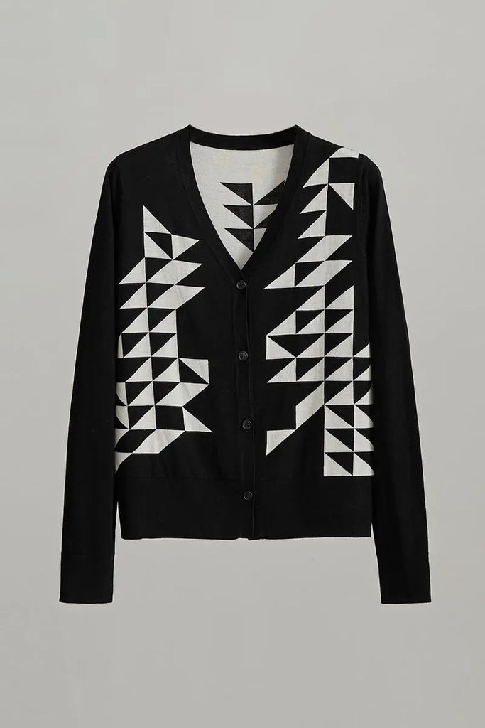 Fibflx Women's 100 Merino Wool Geometric Patterned V Neck Cardigan