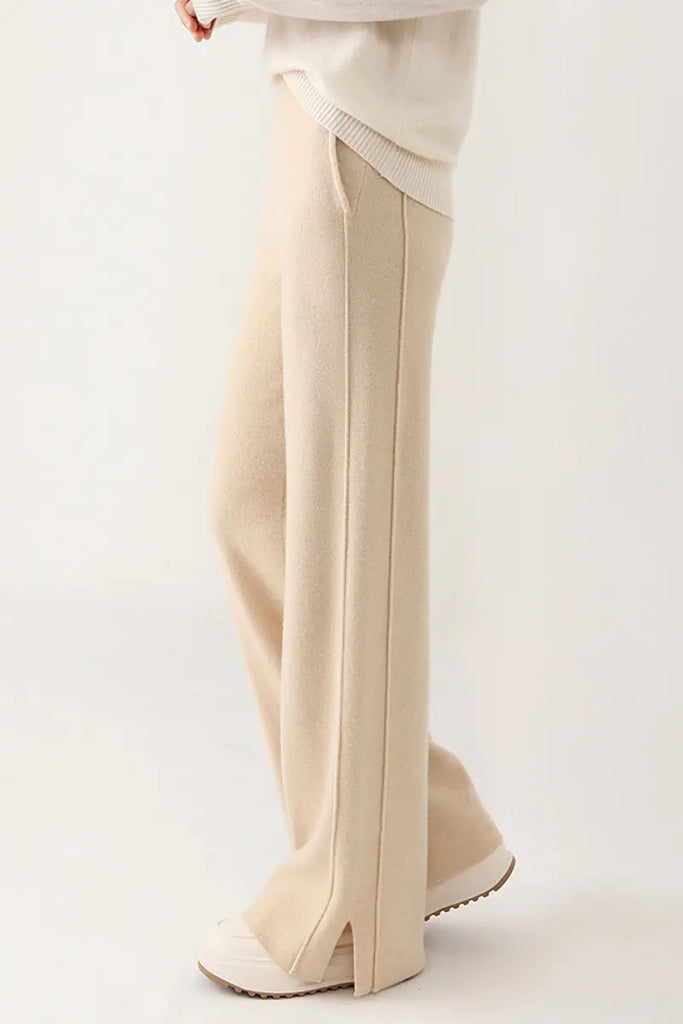 Fibflx Women's 100 Merino Wool Knit Wide Leg Lounge Pants with Side Slit