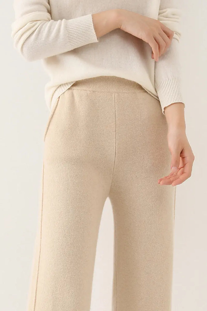 Fibflx Women's 100 Merino Wool Knit Wide Leg Lounge Pants with Side Slit
