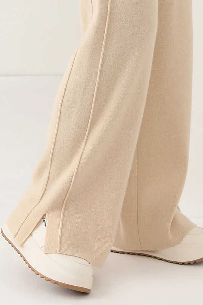 Fibflx Women's 100 Merino Wool Knit Wide Leg Lounge Pants with Side Slit