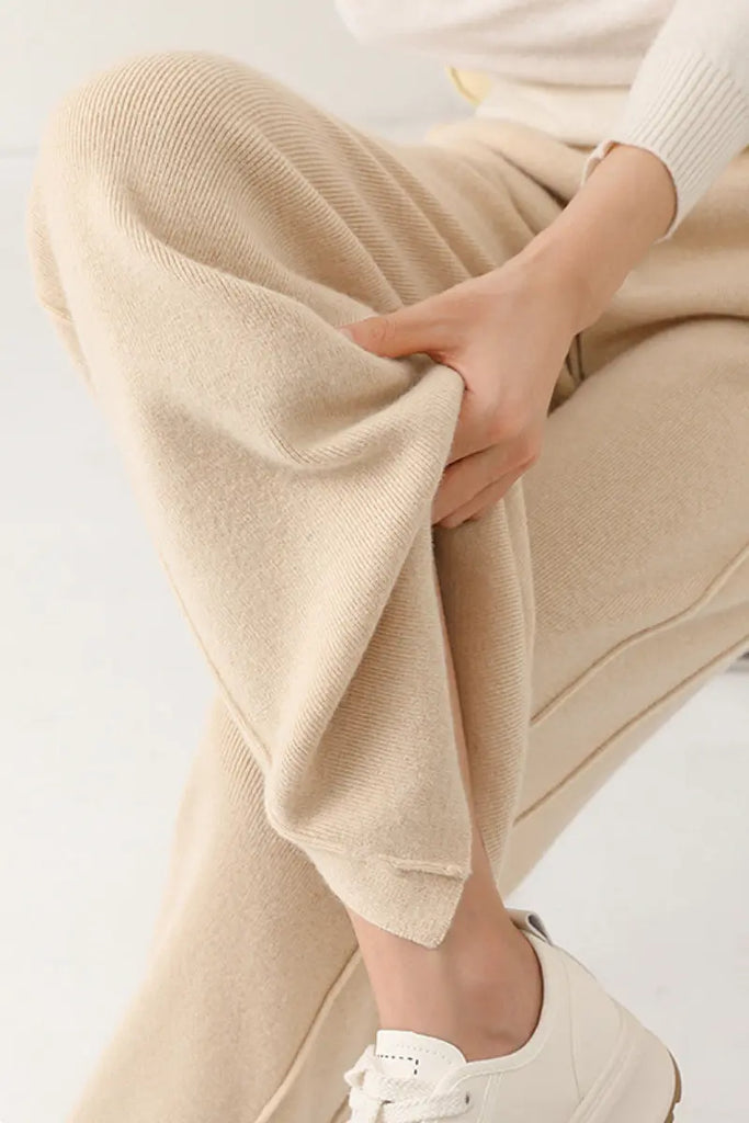 Fibflx Women's 100 Merino Wool Knit Wide Leg Lounge Pants with Side Slit