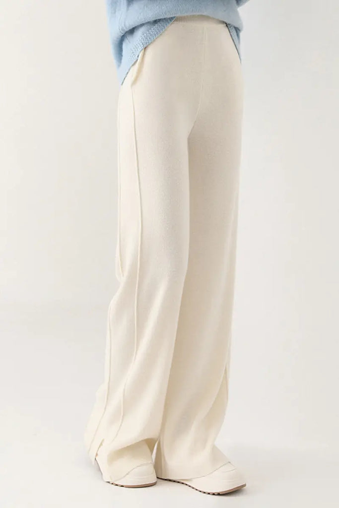 Fibflx Women's 100 Merino Wool Knit Wide Leg Lounge Pants with Side Slit