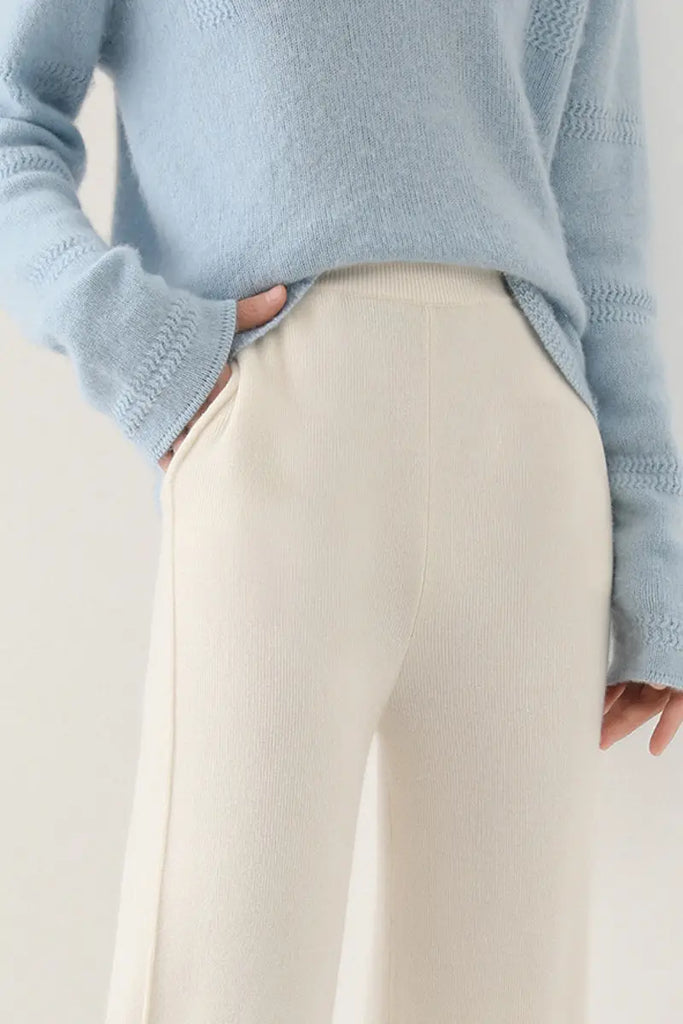 Fibflx Women's 100 Merino Wool Knit Wide Leg Lounge Pants with Side Slit