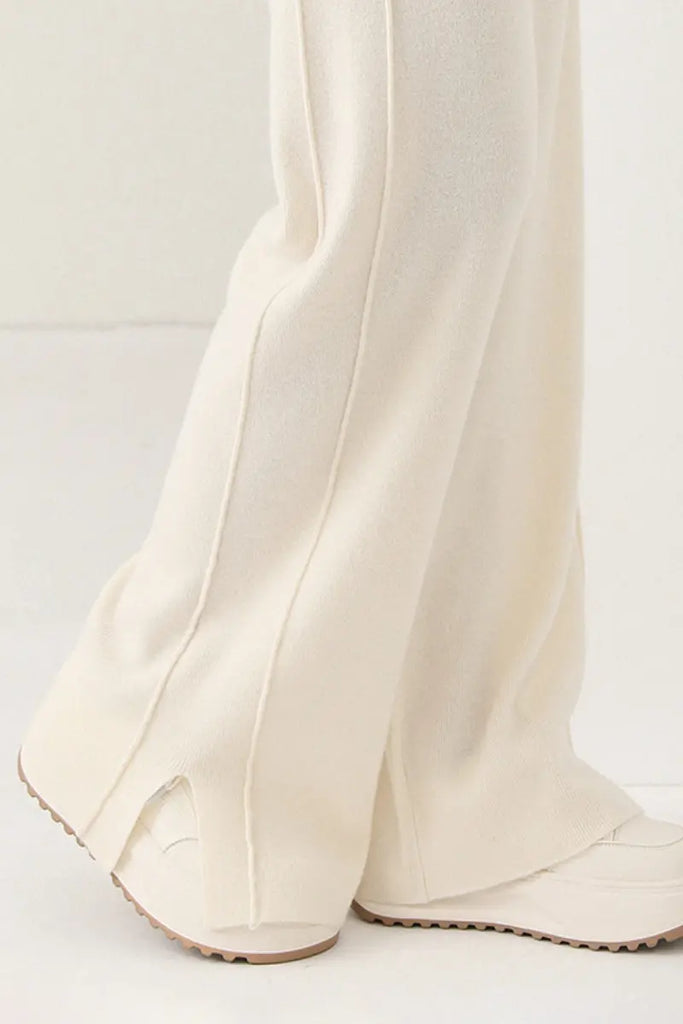 Fibflx Women's 100 Merino Wool Knit Wide Leg Lounge Pants with Side Slit