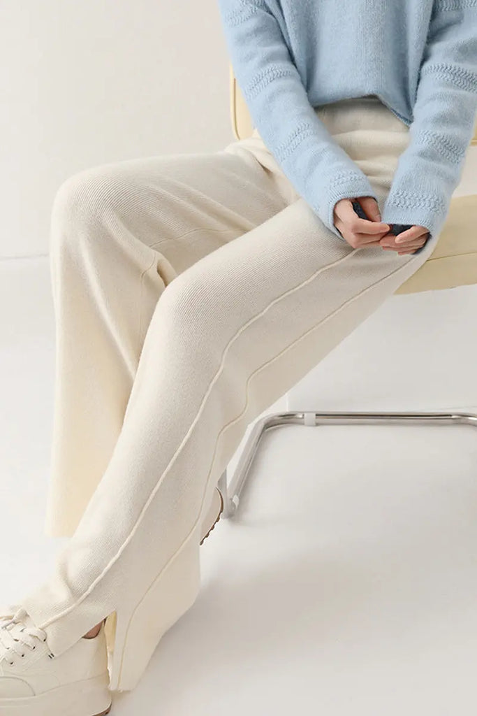 Fibflx Women's 100 Merino Wool Knit Wide Leg Lounge Pants with Side Slit