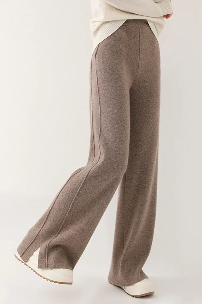 Fibflx Women's 100 Merino Wool Knit Wide Leg Lounge Pants with Side Slit