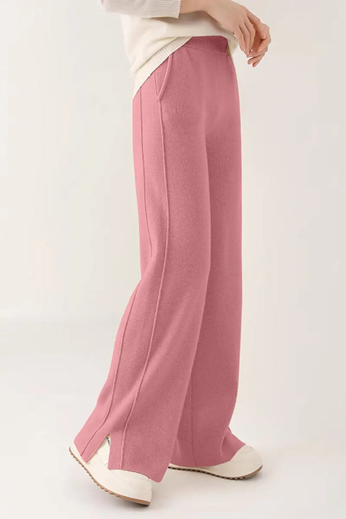Fibflx Women's 100 Merino Wool Knit Wide Leg Lounge Pants with Side Slit