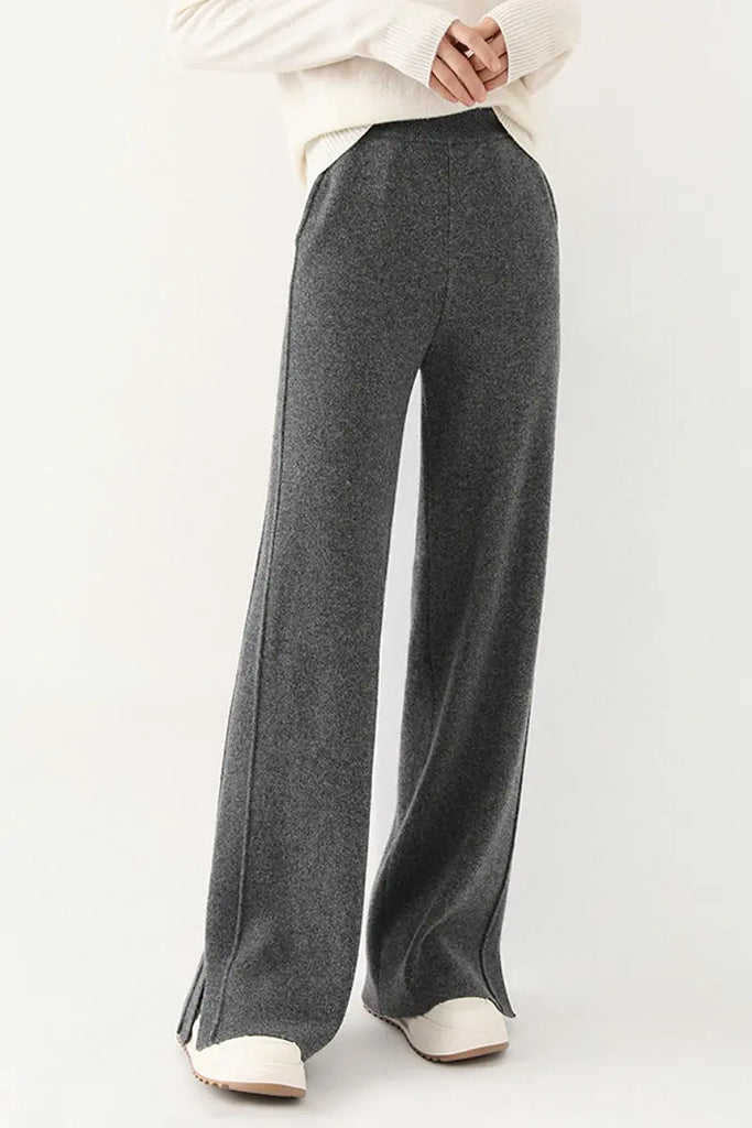 Fibflx Women's 100 Merino Wool Knit Wide Leg Lounge Pants with Side Slit