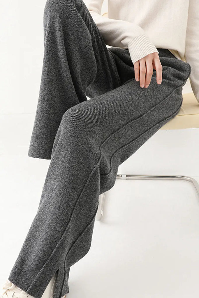 Fibflx Women's 100 Merino Wool Knit Wide Leg Lounge Pants with Side Slit