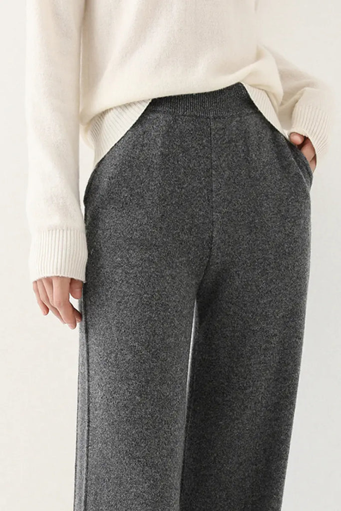 Fibflx Women's 100 Merino Wool Knit Wide Leg Lounge Pants with Side Slit