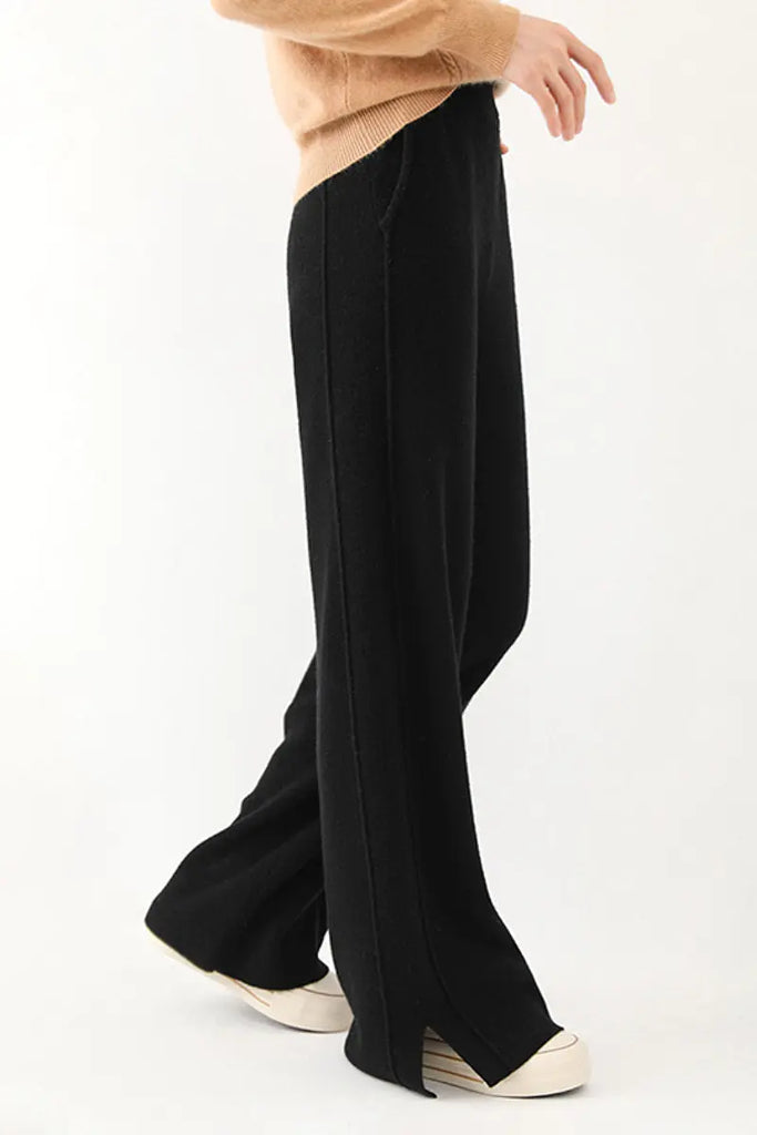 Fibflx Women's 100 Merino Wool Knit Wide Leg Lounge Pants with Side Slit