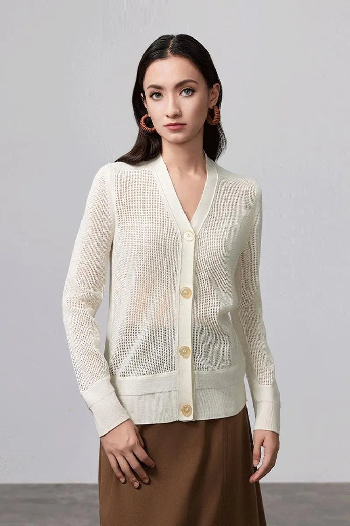 Fibflx Women's 100 Merino Wool Mesh Knit V Neck Cardigan