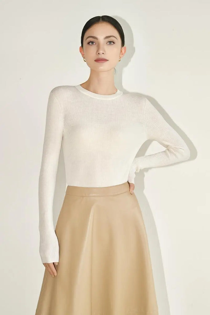 Fibflx Women's 100 Merino Wool Seamless Knit Crewneck Sweater