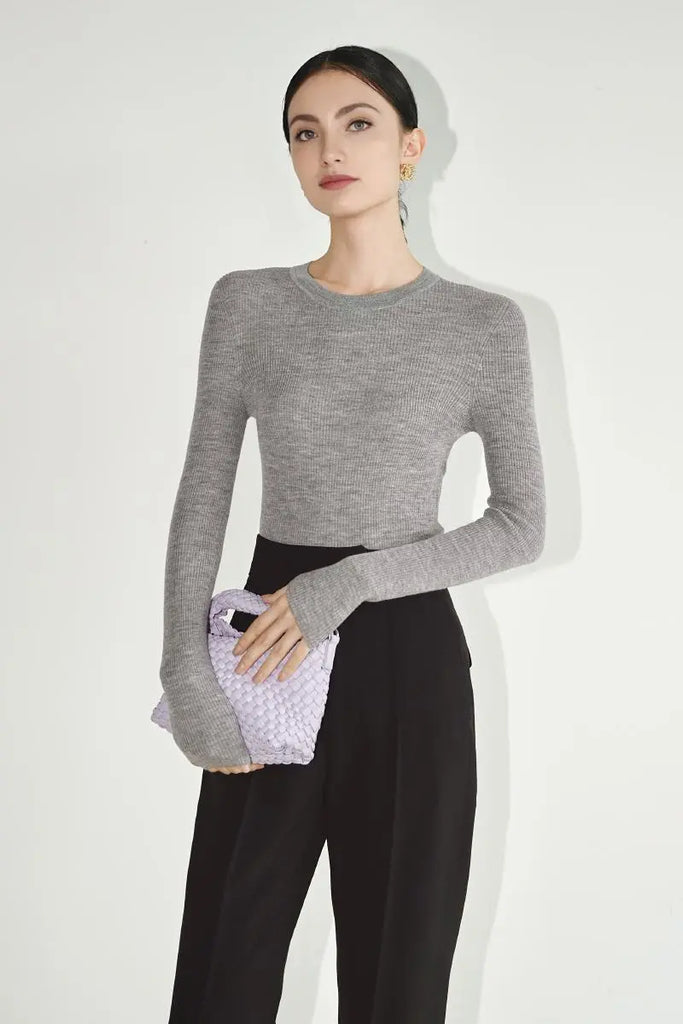 100 Merino Wool Seamless Knit Crewneck Sweater Fibflx