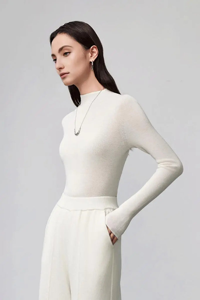 Fibflx Women's 100 Merino Wool Seamless Knit Mock Neck Sweater