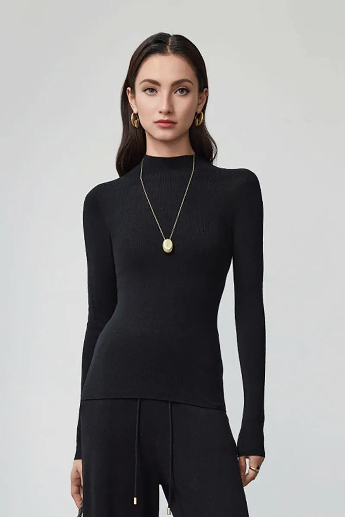 Fibflx Women's 100 Merino Wool Seamless Knit Mock Neck Sweater