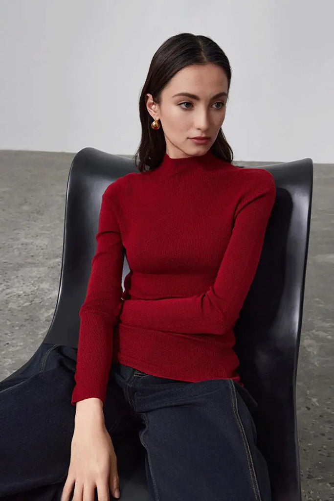 Fibflx Women's 100 Merino Wool Seamless Knit Mock Neck Sweater