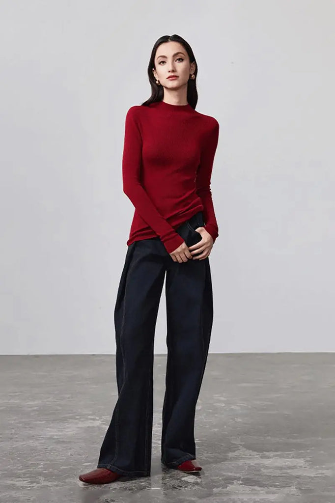 Fibflx Women's 100 Merino Wool Seamless Knit Mock Neck Sweater