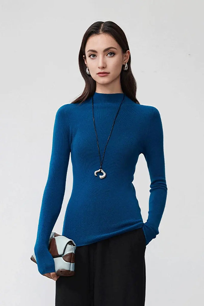 Fibflx Women's 100 Merino Wool Seamless Knit Mock Neck Sweater