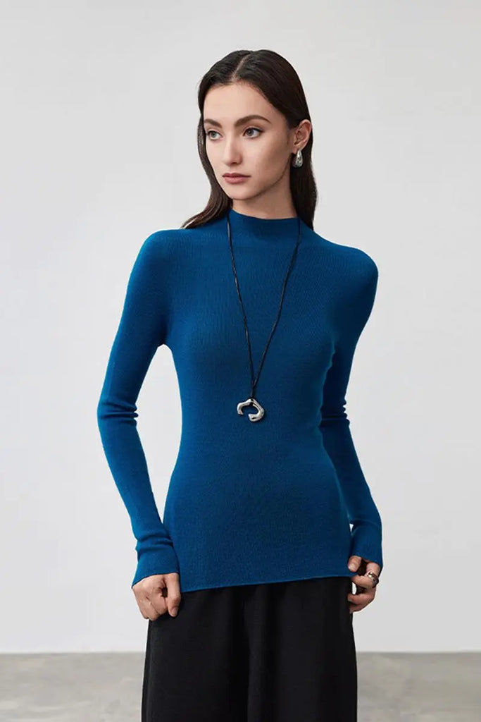 Fibflx Women's 100 Merino Wool Seamless Knit Mock Neck Sweater