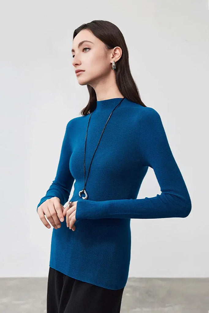 Fibflx Women's 100 Merino Wool Seamless Knit Mock Neck Sweater