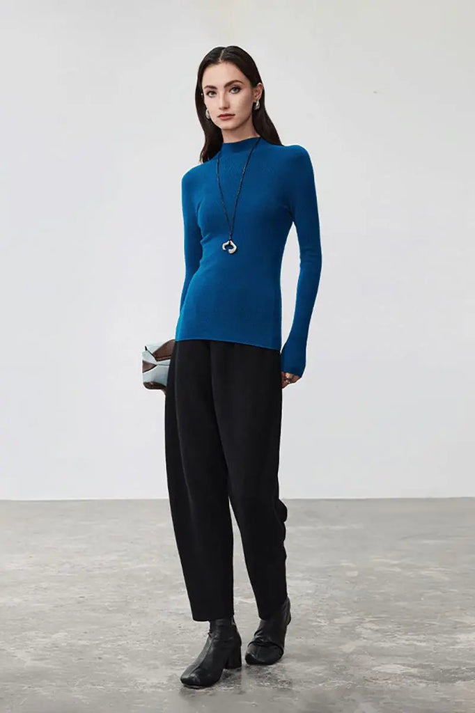 Fibflx Women's 100 Merino Wool Seamless Knit Mock Neck Sweater