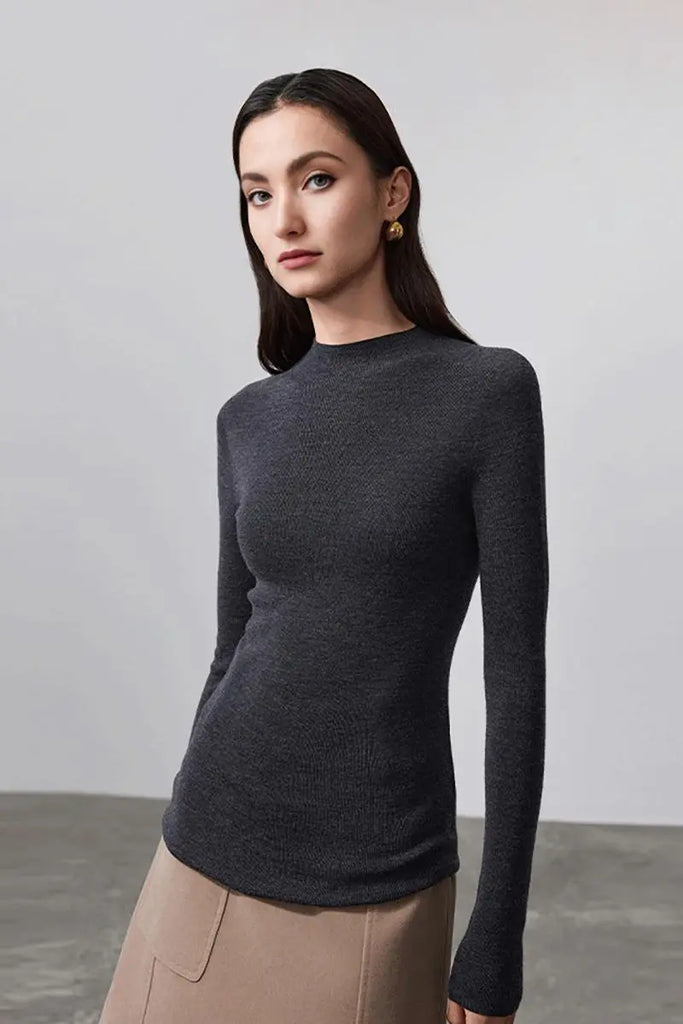 Fibflx Women's 100 Merino Wool Seamless Knit Mock Neck Sweater