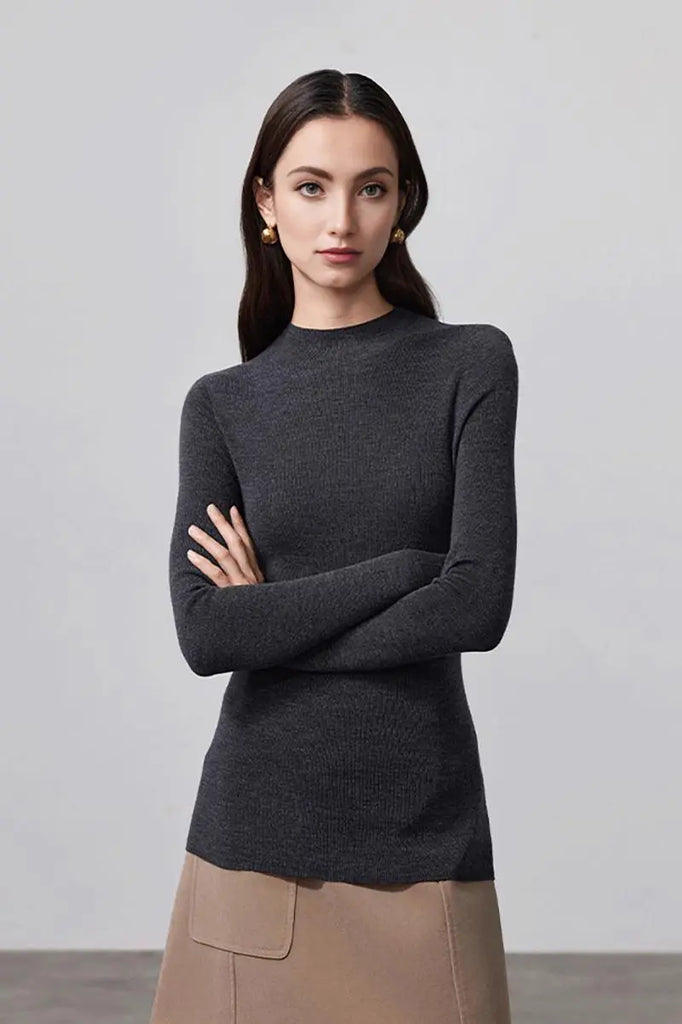 Fibflx Women's 100 Merino Wool Seamless Knit Mock Neck Sweater