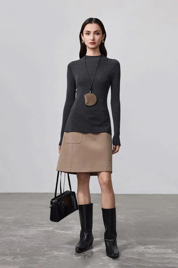 Fibflx Women's 100 Merino Wool Seamless Knit Mock Neck Sweater