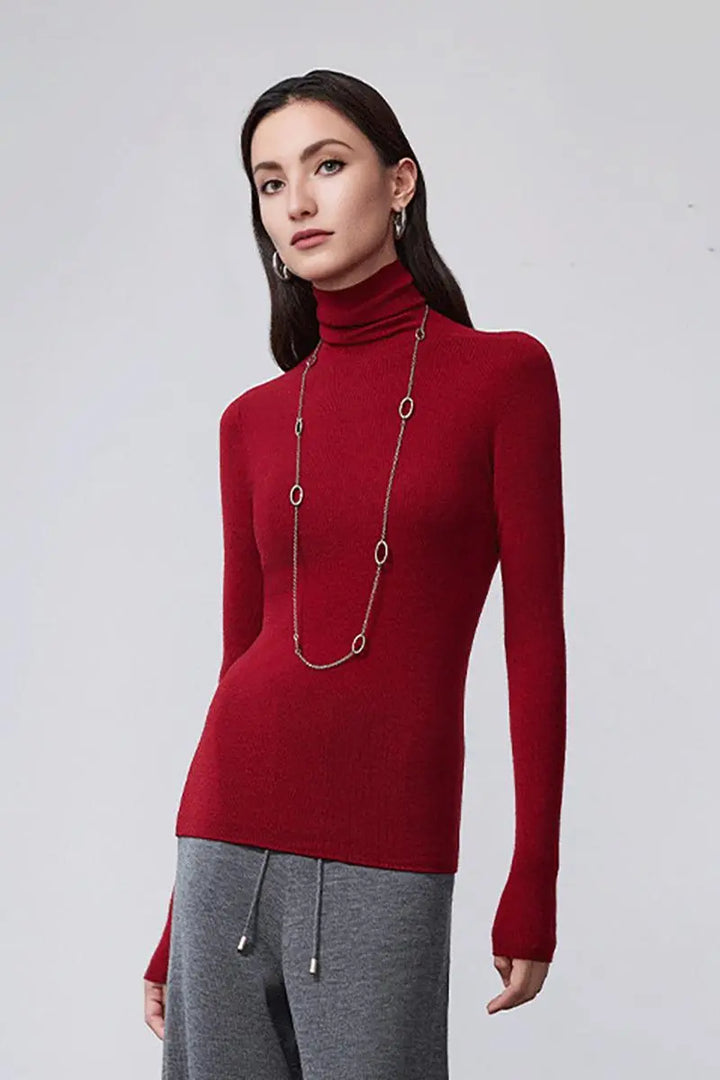 Fibflx Women's 100 Merino Wool Seamless Knit Turtle Neck Sweater