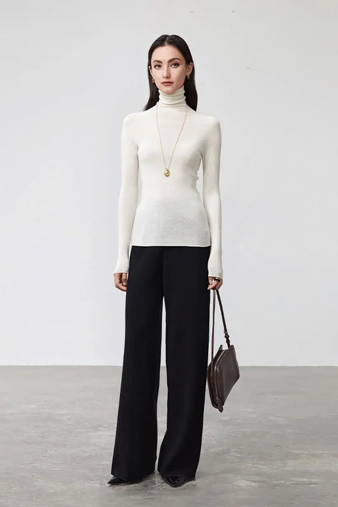 Fibflx Women's 100 Merino Wool Seamless Knit Turtle Neck Sweater