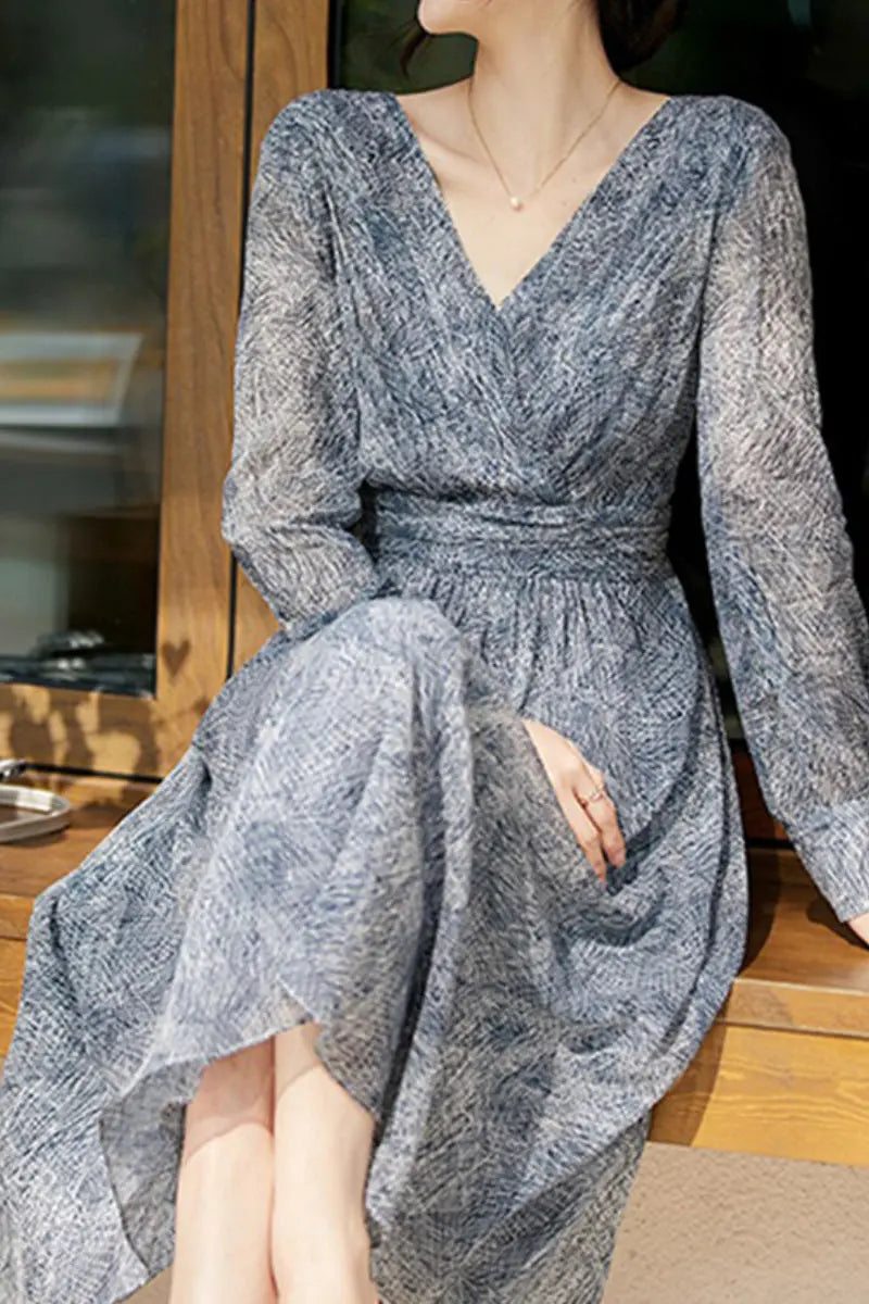 mulberry midi dress 100 Mulberry Silk Blue Long-Sleeve Hand Pleated Midi Dress S / Sonata Blue / 100% Mulberry Silk