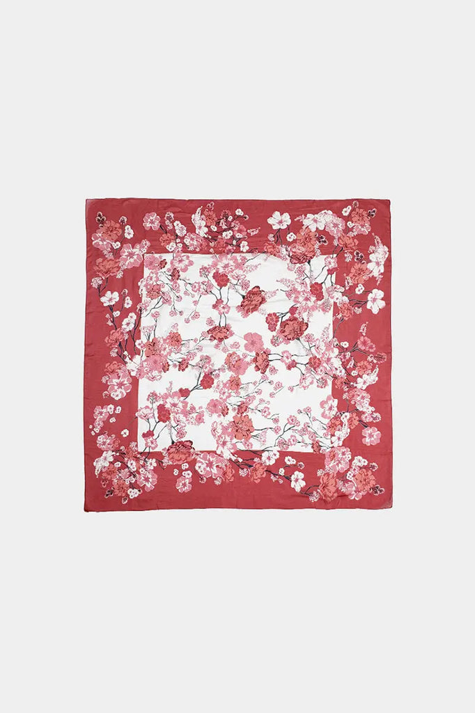 100 Mulberry Silk Floral Large Square Scarf in Red - Fibflx