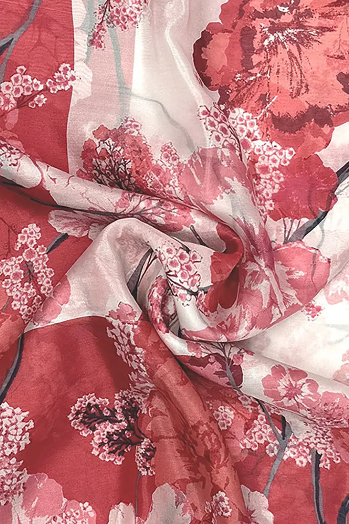 100 Mulberry Silk Floral Large Square Scarf in Red - Fibflx