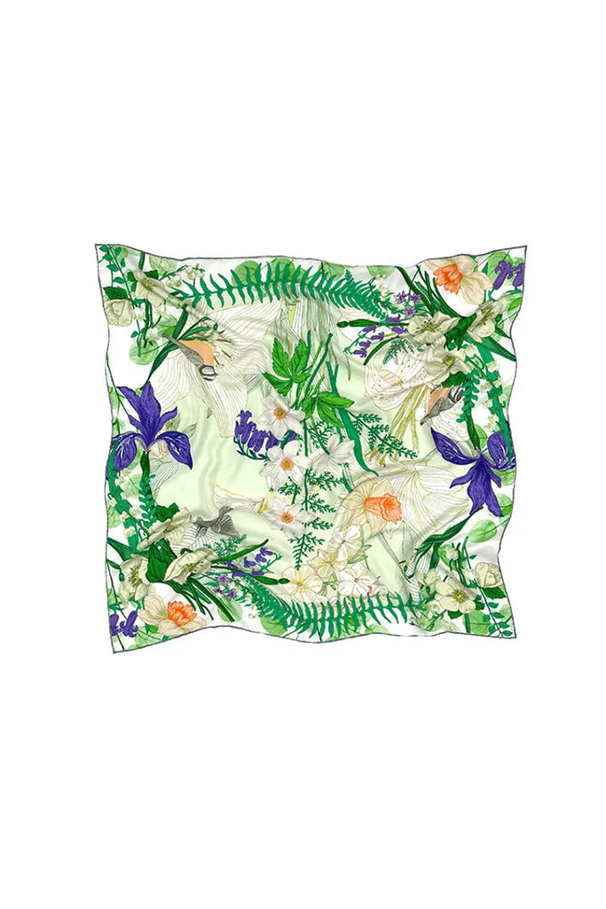 100 Mulberry Silk Floral Square Scarf in Green - Fibflx