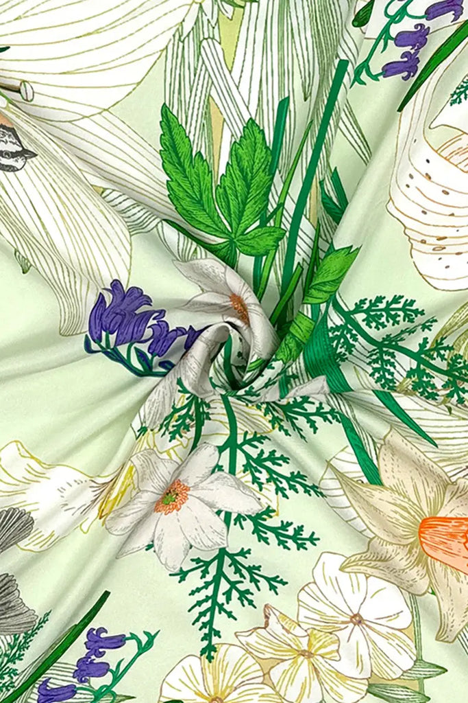 100 Mulberry Silk Floral Square Scarf in Green - Fibflx