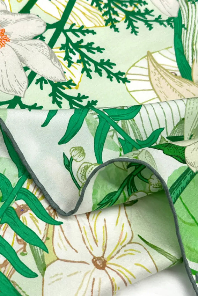 100 Mulberry Silk Floral Square Scarf in Green - Fibflx