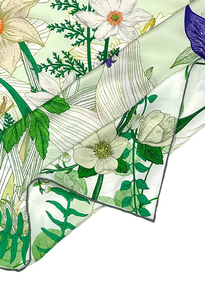 100 Mulberry Silk Floral Square Scarf in Green - Fibflx