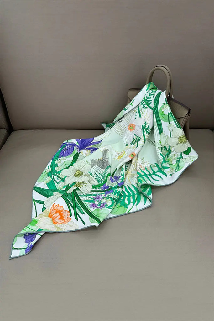 100 Mulberry Silk Floral Square Scarf in Green - Fibflx