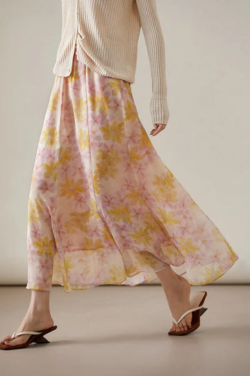 100 Mulberry Silk Pink Flowy Floral Midi Skirt - Fibflx